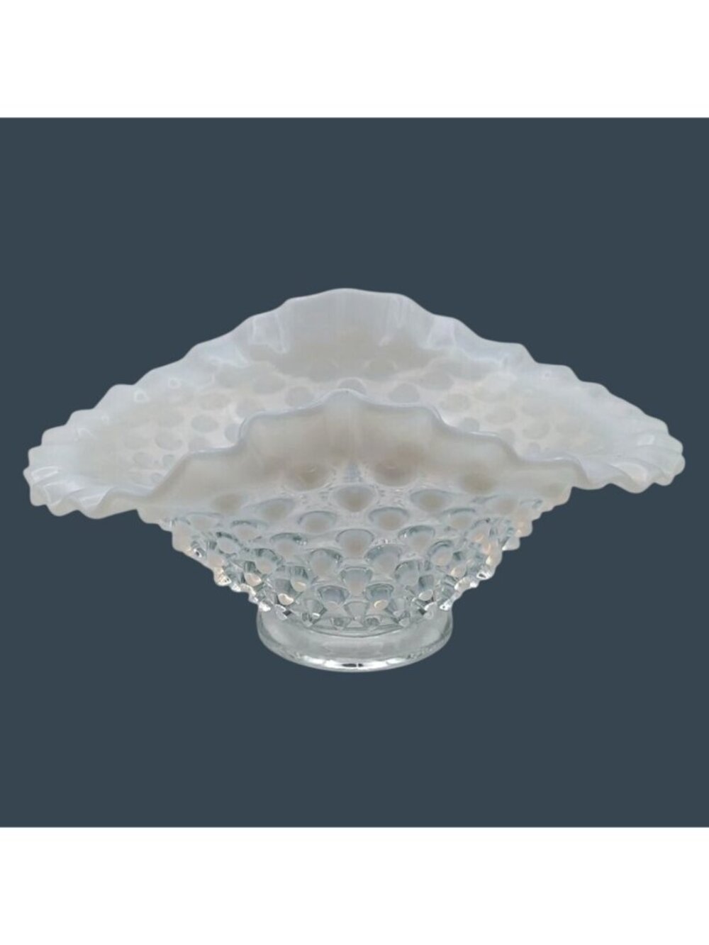 Fenton Art Glass Moonstone Bowl Opalescent Hobnail Ruffled Crimped MCM Vintage